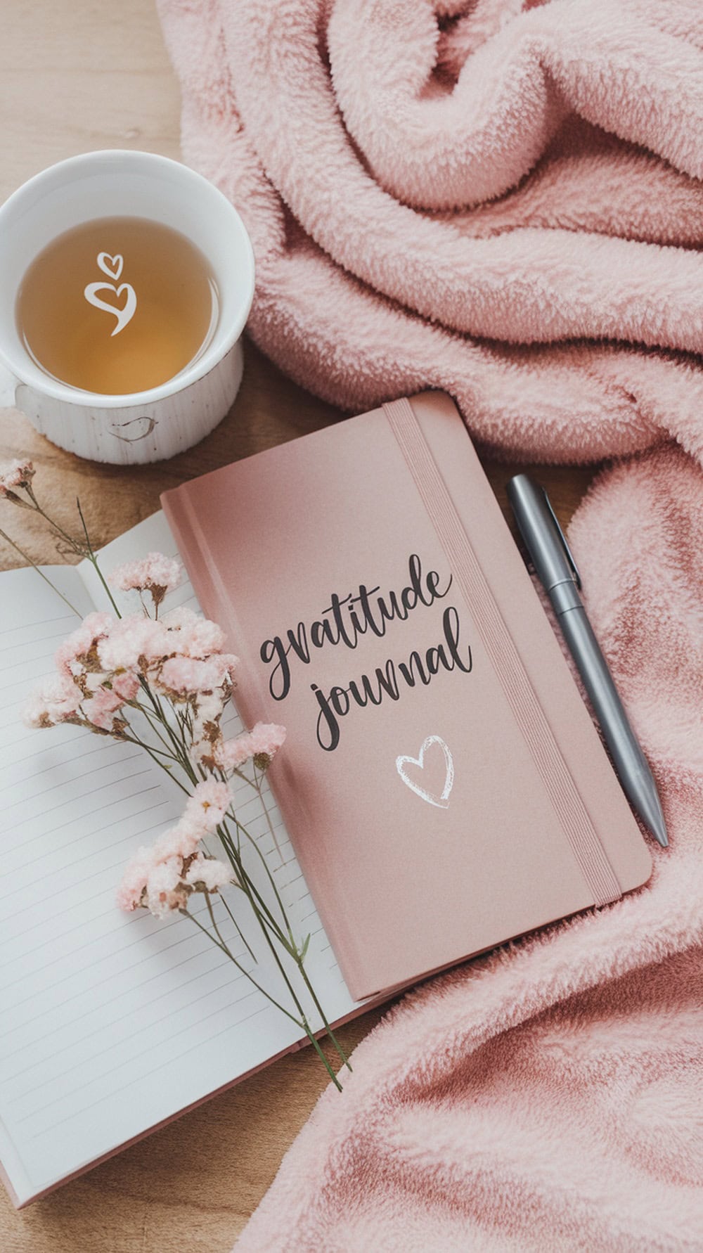 A cozy setup featuring a gratitude journal, a cup of tea, and a soft pink blanket.