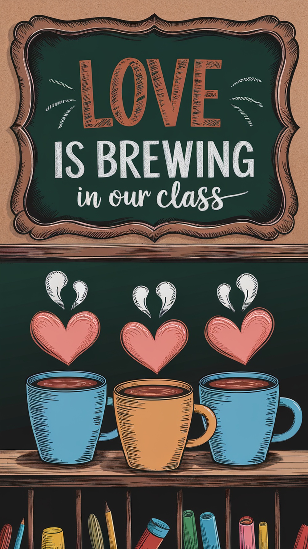 Classroom door decorated with coffee cups and hearts, featuring the phrase 'Love is Brewing in our class.'