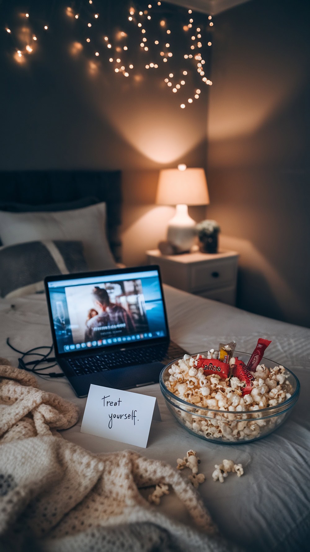 A cozy movie night setup featuring a laptop, popcorn, and fairy lights.