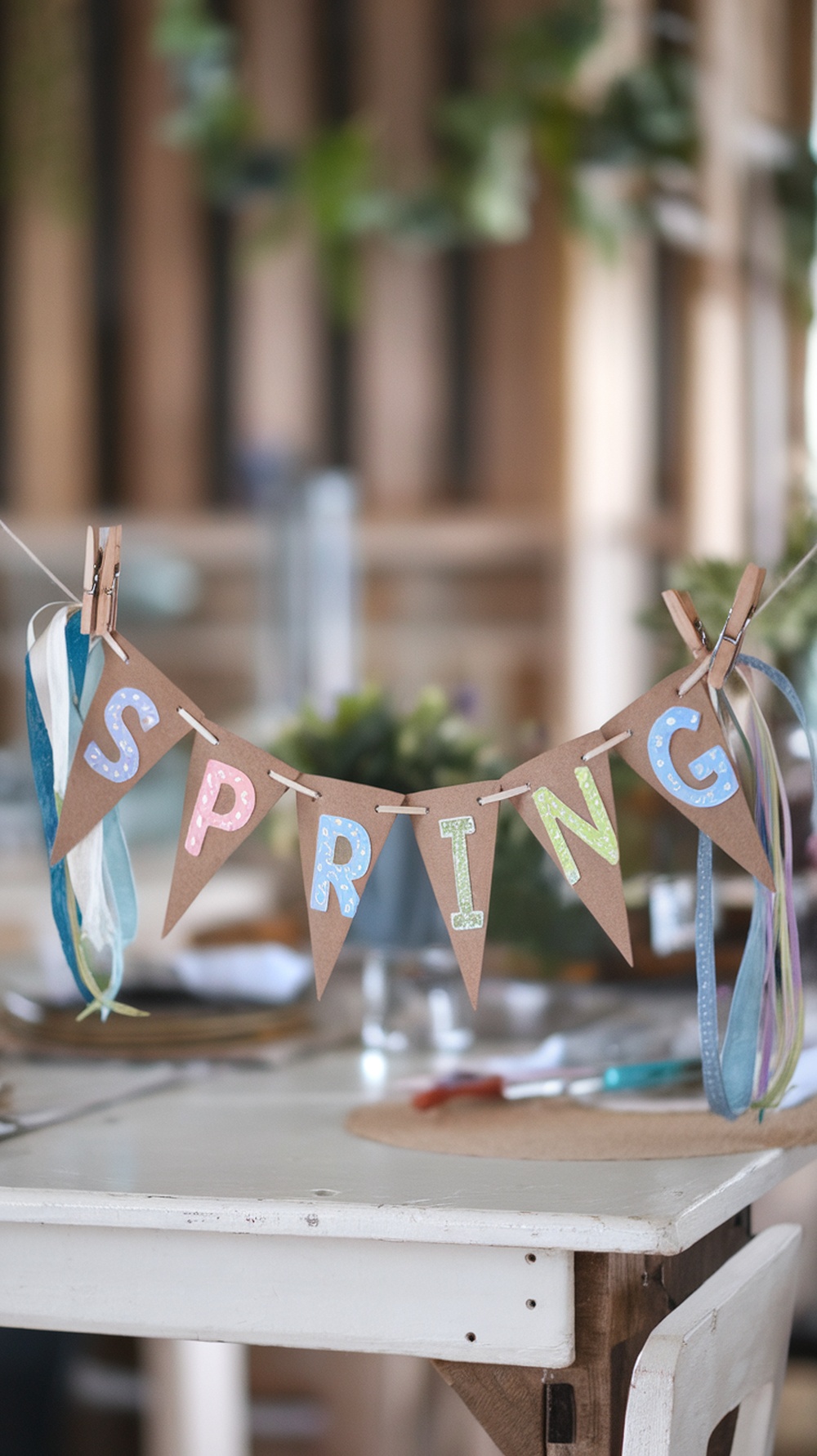 A spring banner made of brown paper with colorful letters spelling 'SPRING', decorated with ribbons.