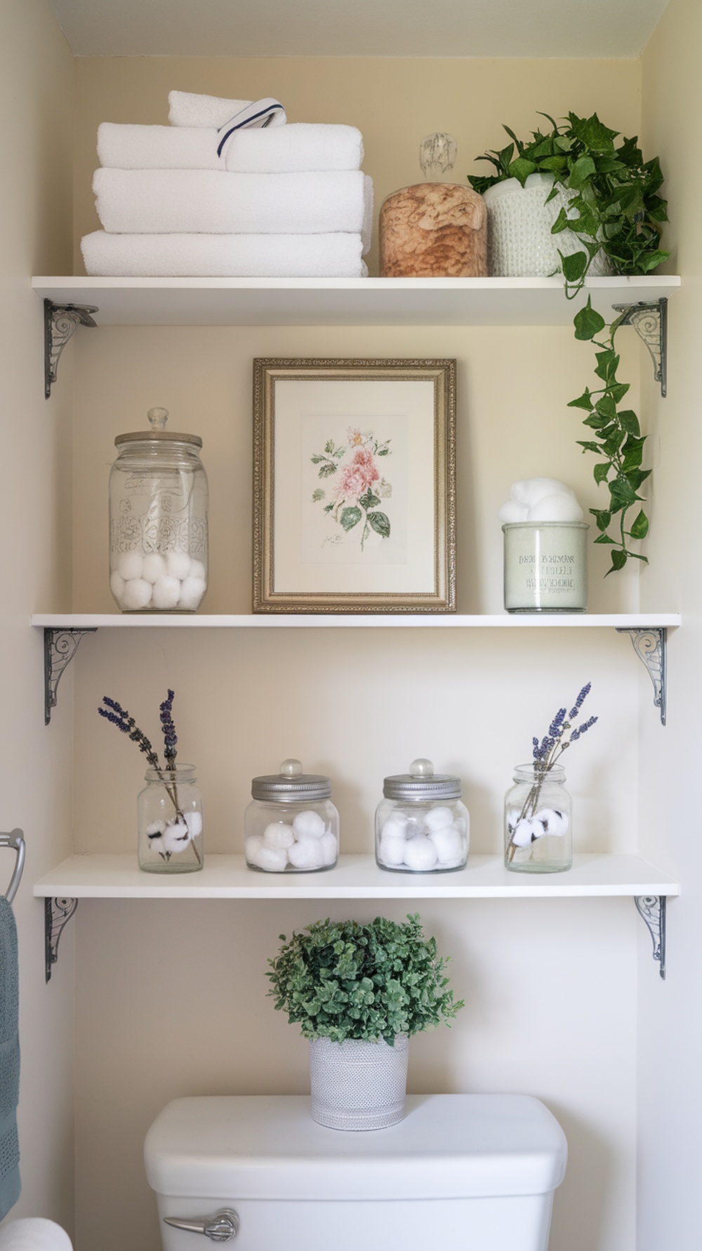 A beautifully arranged bathroom shelf with white towels, plants, decorative jars, and a floral print.