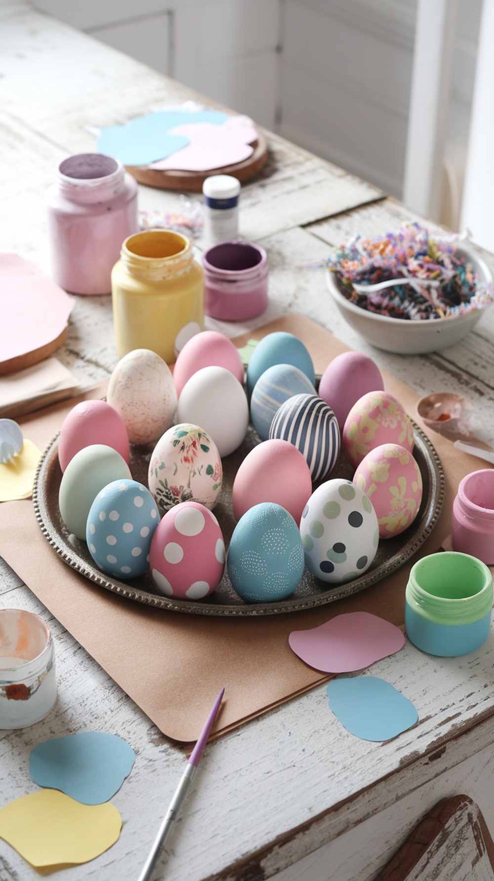 A collection of colorful painted wooden eggs displayed on a tray, surrounded by art supplies.