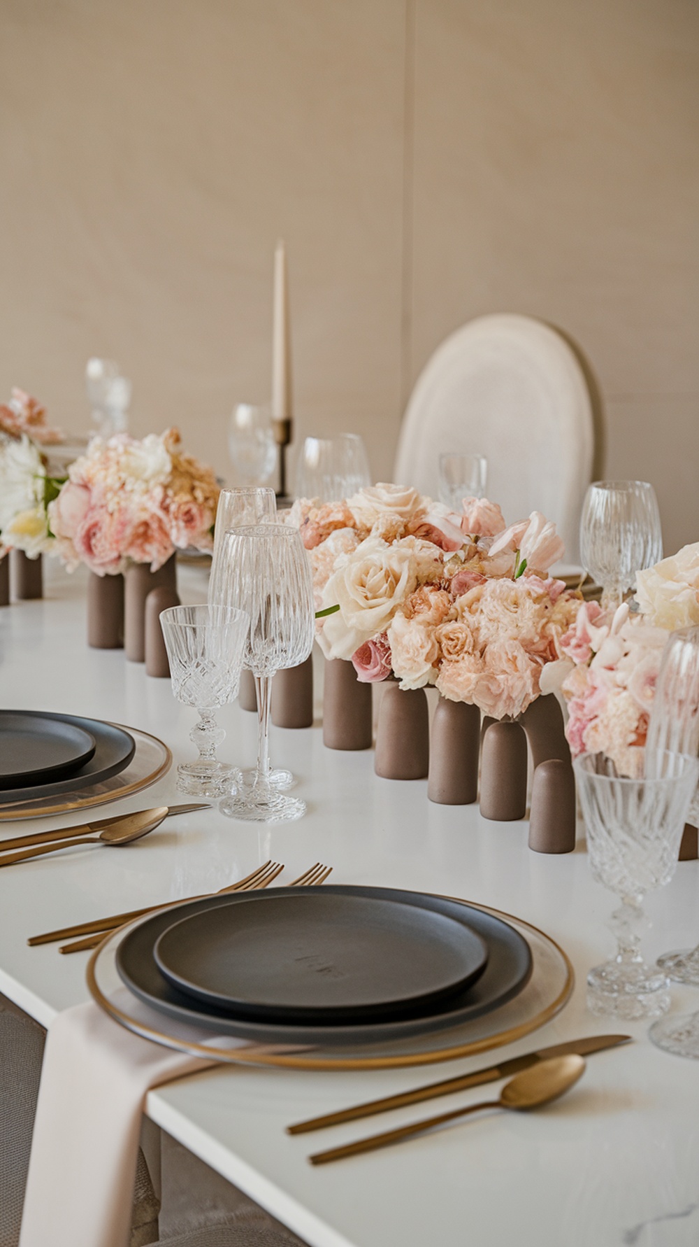 A contemporary spring tablescape featuring pastel flowers, elegant glassware, and modern table settings.