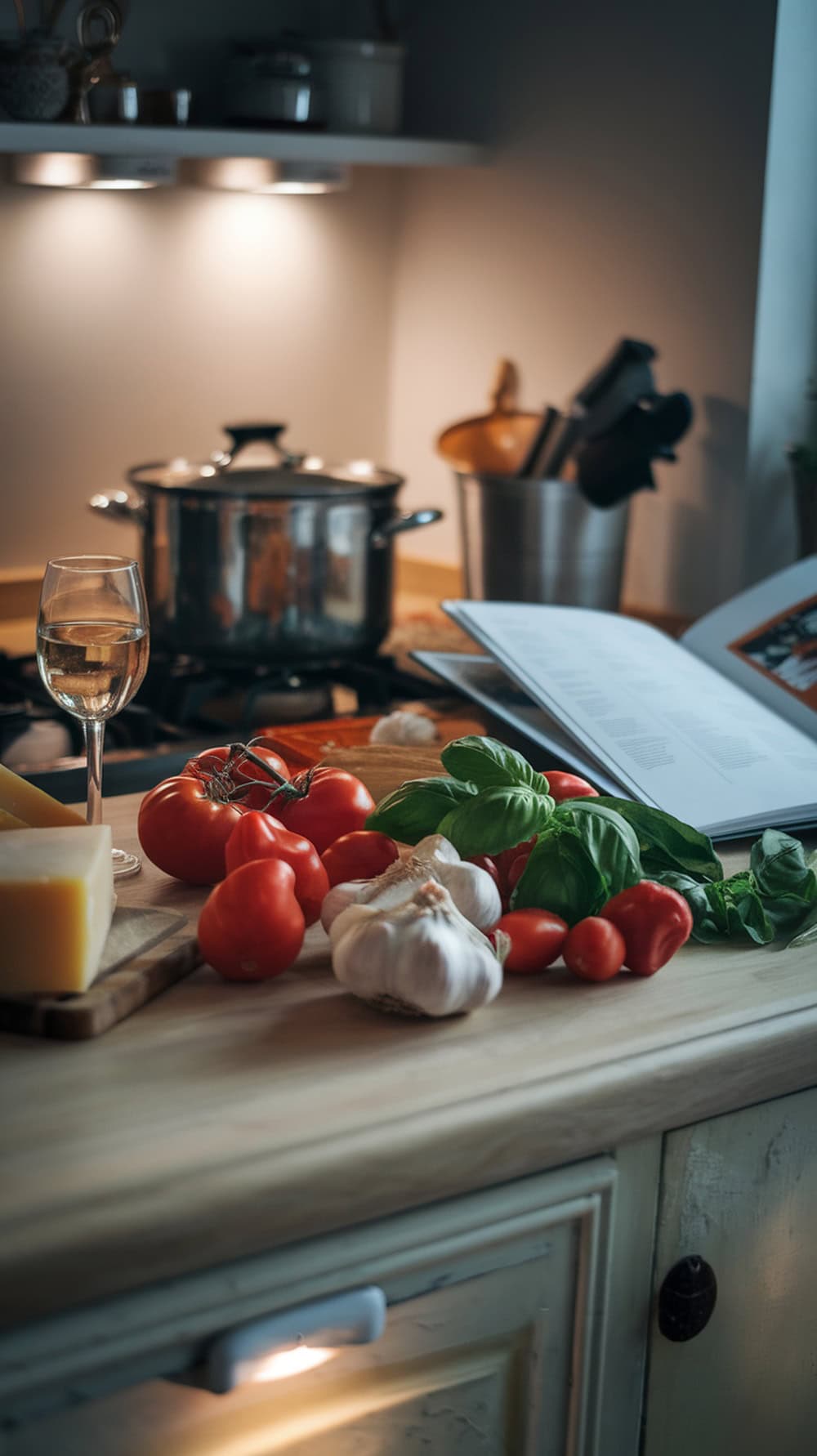 A cozy kitchen scene with fresh ingredients for cooking, including tomatoes, garlic, and basil, along with a pot on the stove and a glass of white wine.