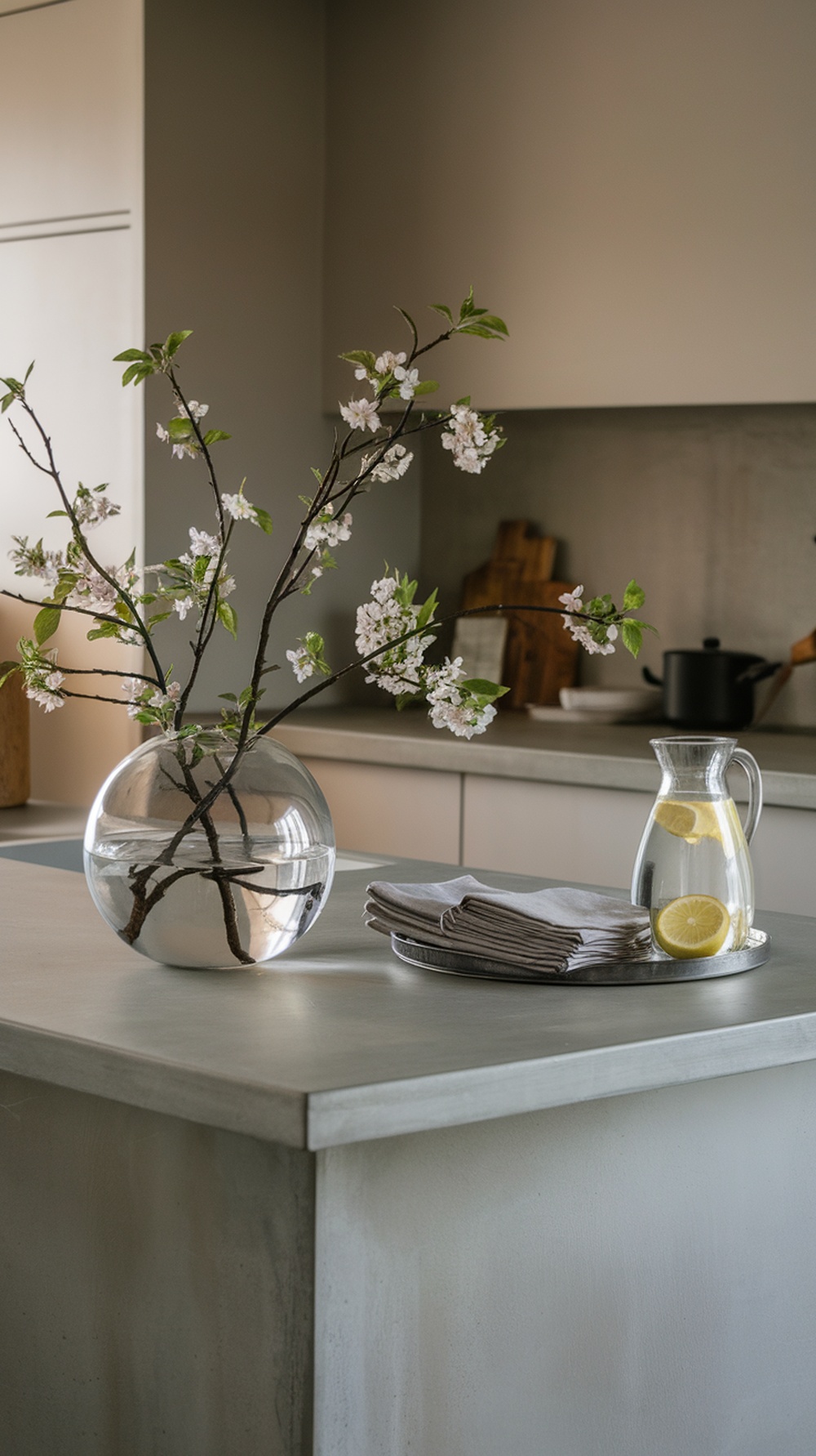 A modern concrete kitchen island featuring a clear glass vase with spring blossoms, a pitcher of lemonade, and neatly folded napkins.