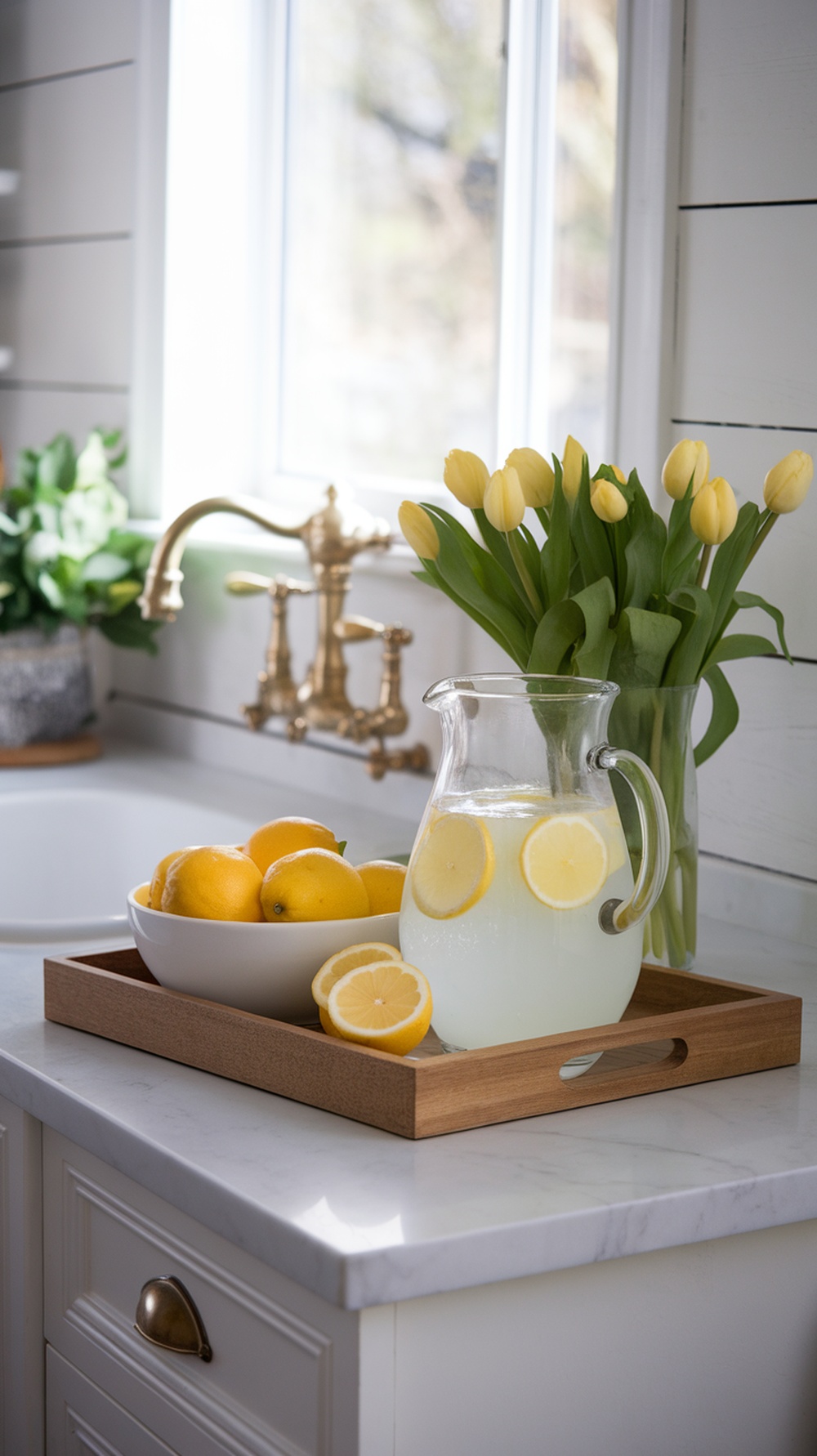 A kitchen counter styled with lemons, lemonade, and yellow tulips