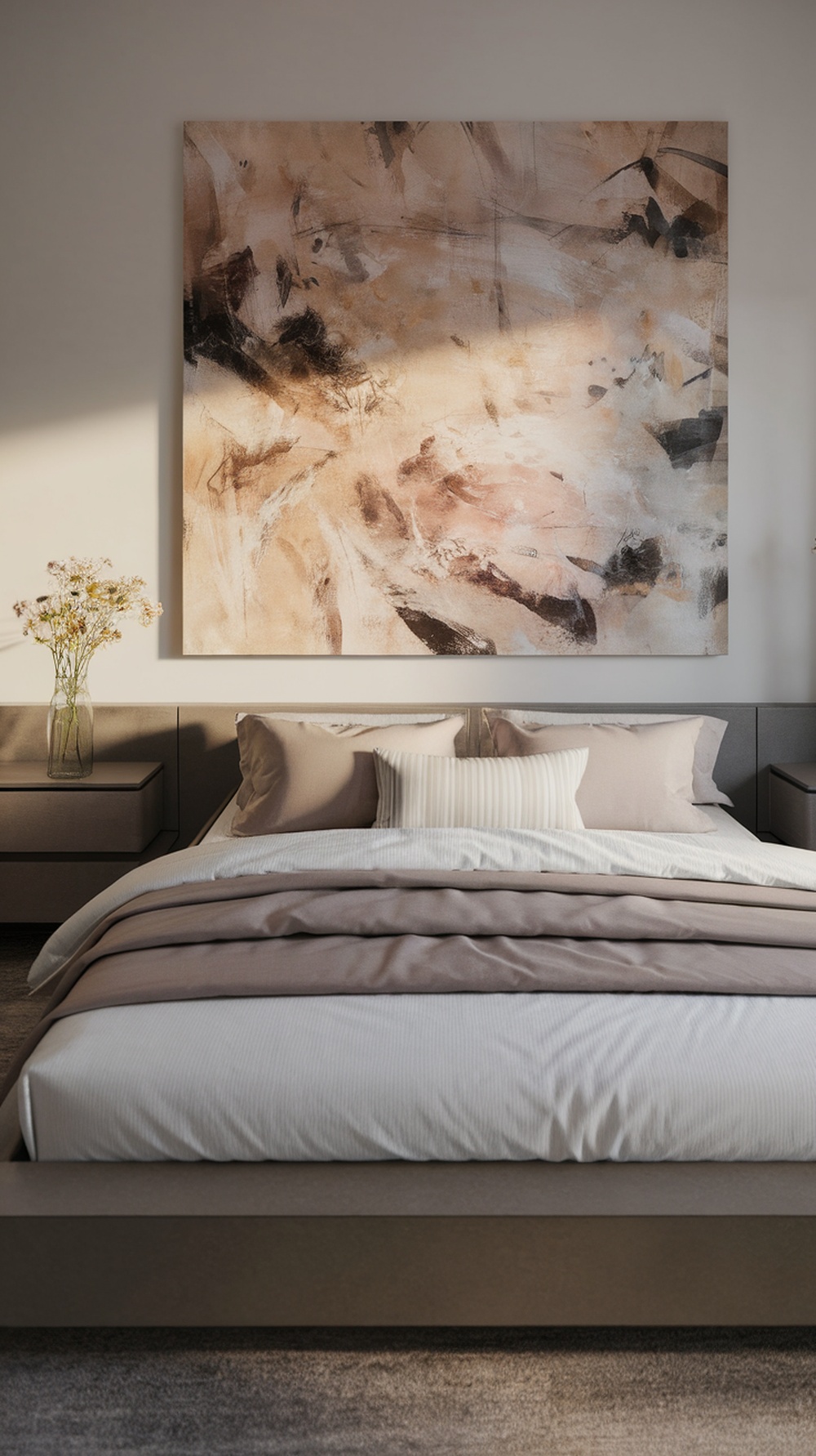 A sleek bedroom featuring soft bedding and a large abstract artwork in warm tones.
