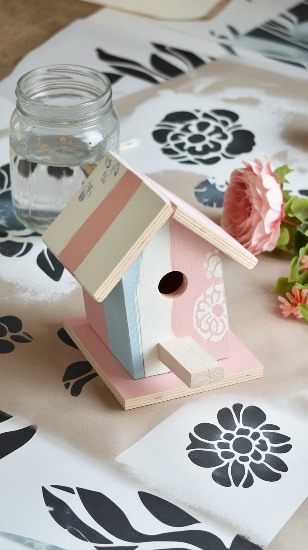 A pastel-colored birdhouse on a work surface with floral stencils and a jar of water.