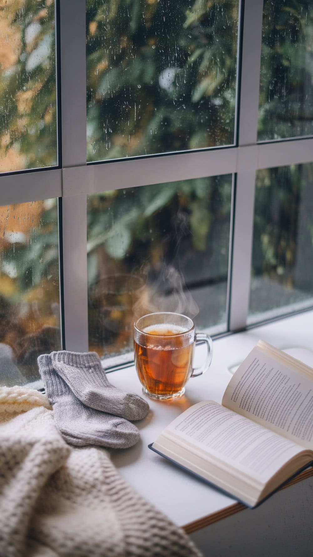 A cozy scene with a cup of tea, a book, and warm socks by a rainy window.