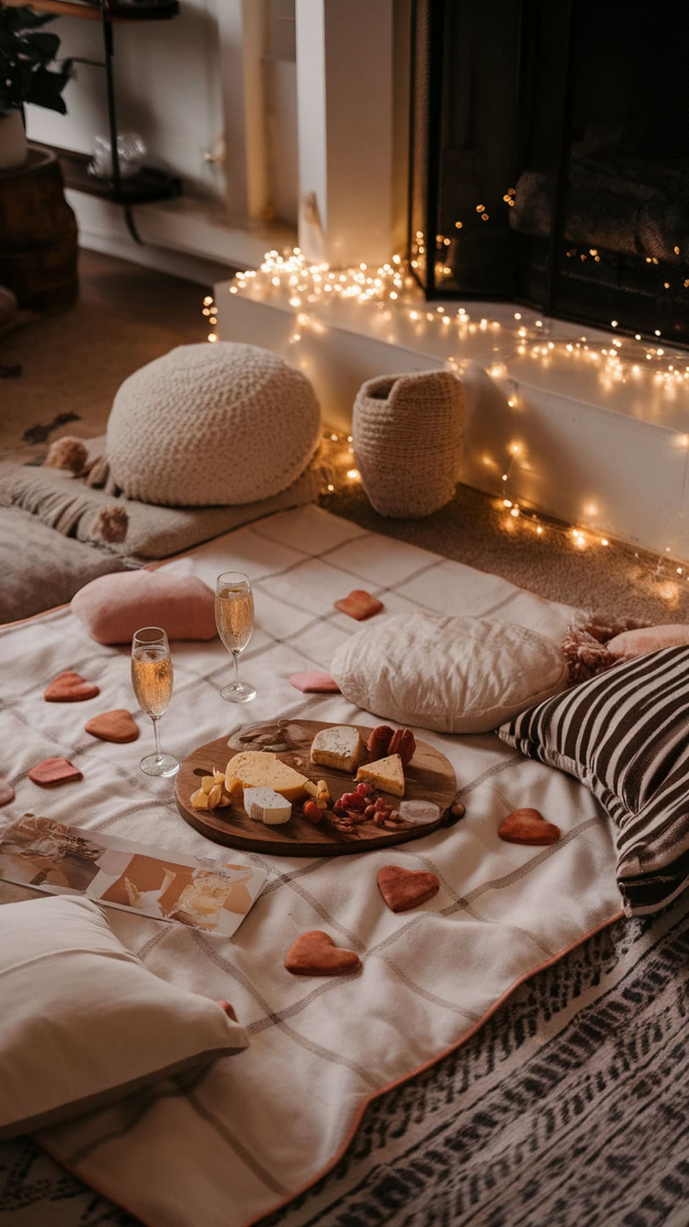 Cozy indoor picnic setup with pillows, blankets, cheese platters, and sparkling drinks.