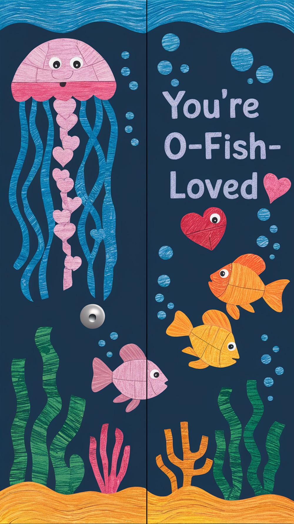 Classroom door decorated with an Under The Sea theme for Valentine's Day, featuring a jellyfish and colorful fish.