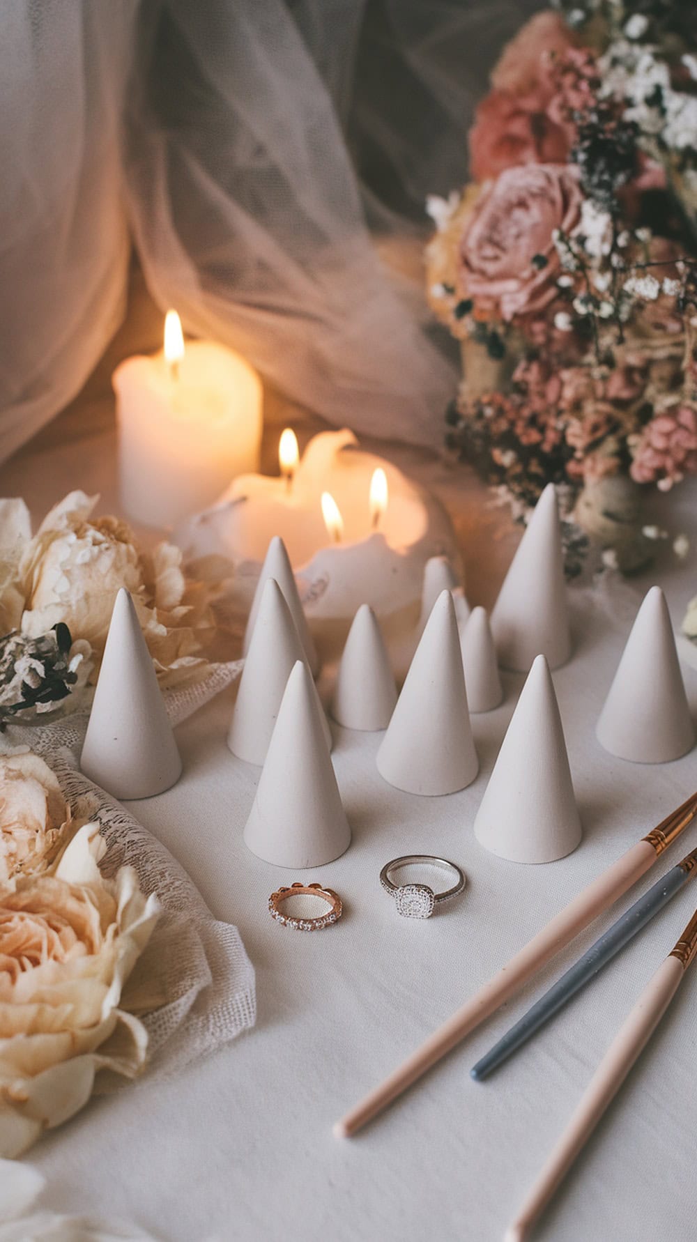 A cozy setup with white clay cone ring holders, candles, and flowers.