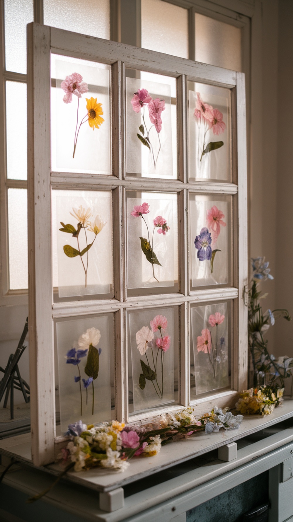 A vintage window frame filled with pressed flowers in various colors, displayed on a surface with more flowers around it.