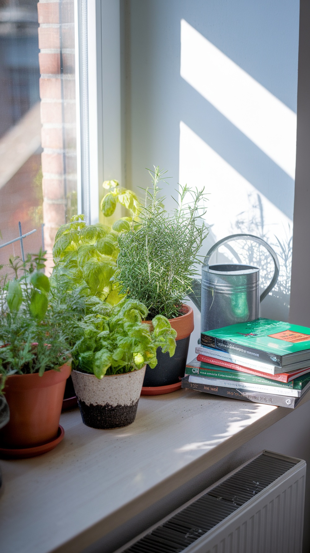 A kitchen window with pots of fresh herbs like basil and rosemary, alongside a stack of cookbooks.