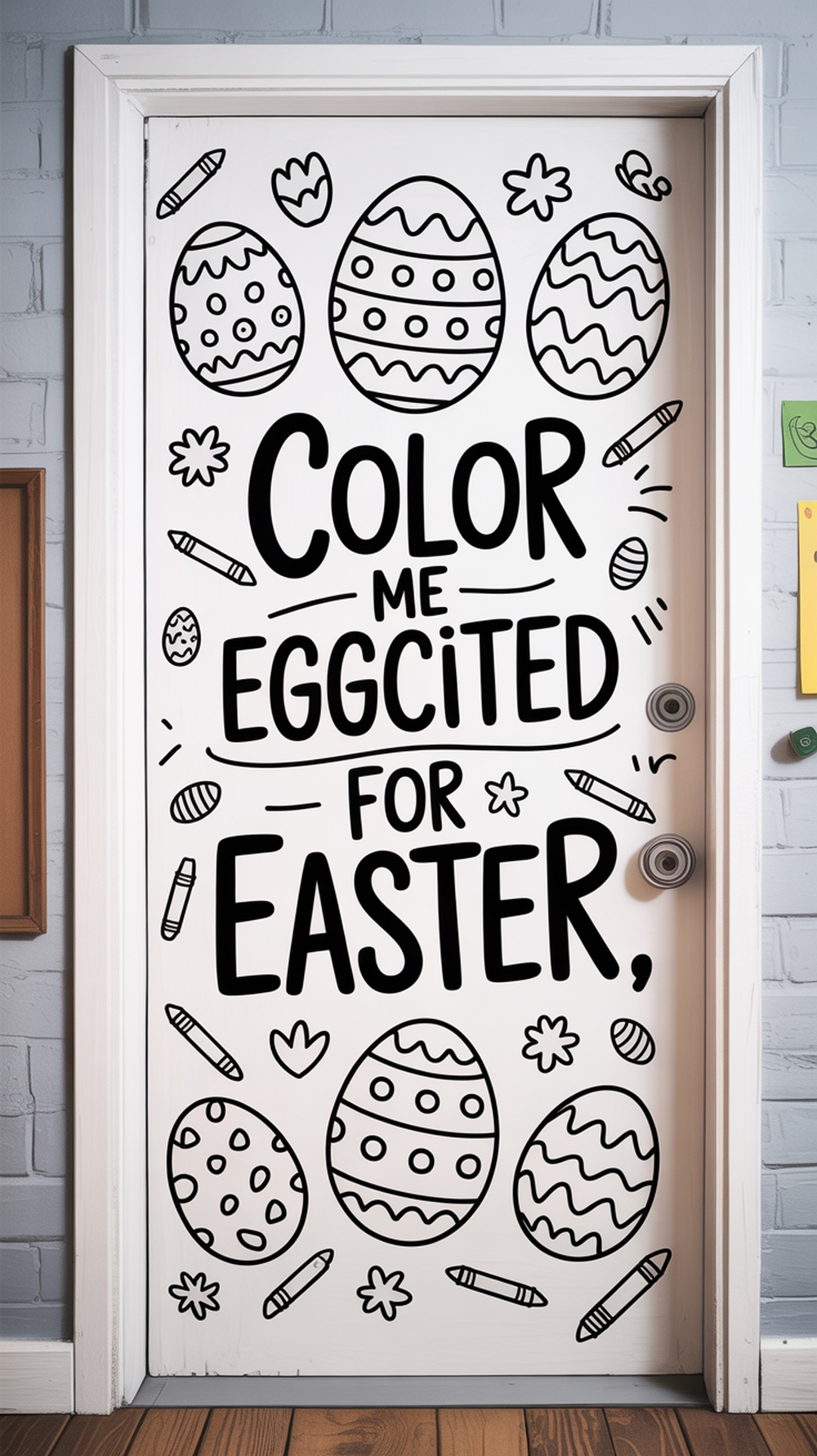A classroom door decorated with a large outline of an Easter egg and the text 'Color me EGGcited for Easter.' Crayons are illustrated around the egg.