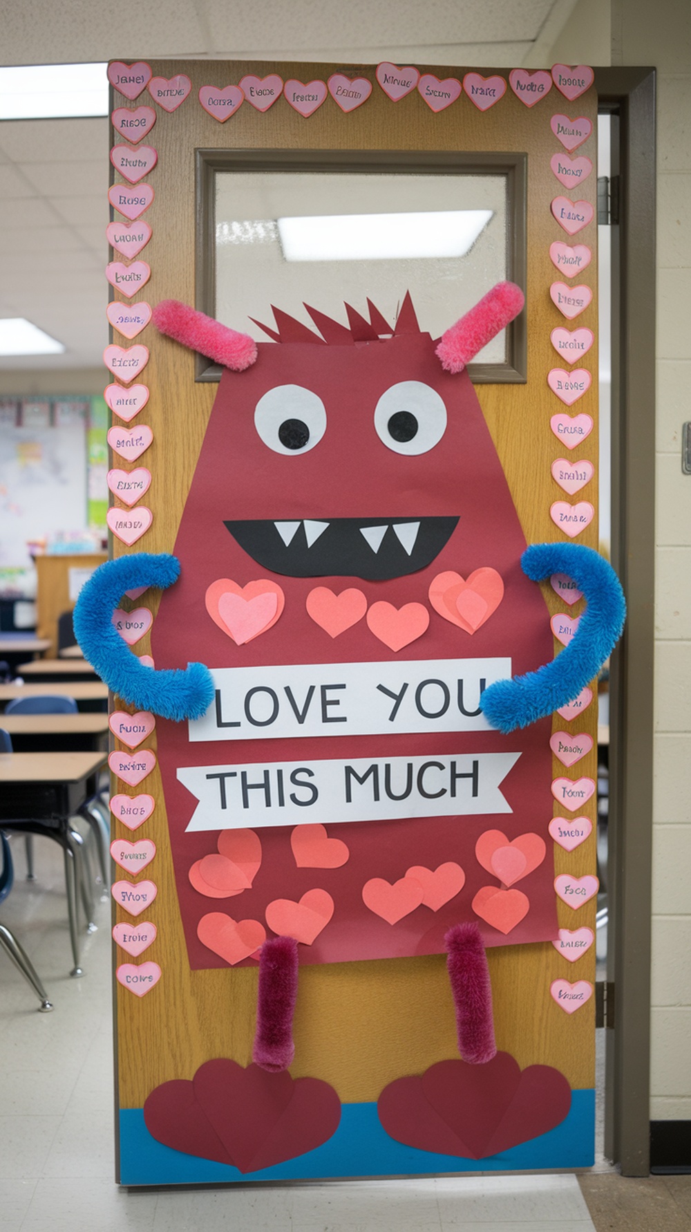 A classroom door decorated with a colorful monster and hearts for Valentine's Day.