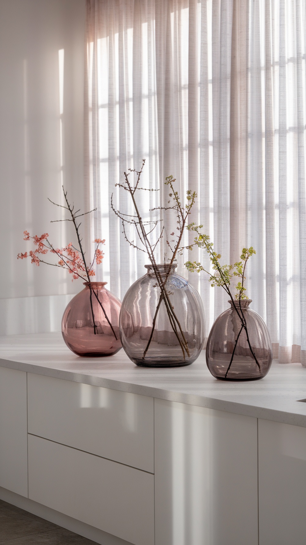 A modern display of glass vases with branches on a white countertop, with soft natural light filtering through sheer curtains.