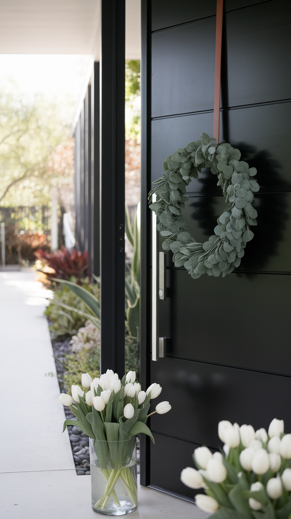 A minimalist entryway featuring a black door with a eucalyptus wreath, a wooden bench with a striped pillow, and a vase of tulips.