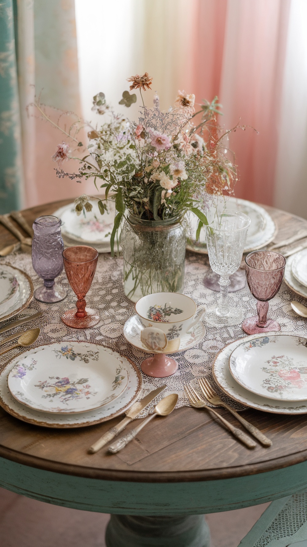 A cozy cottagecore spring table setting with floral plates, vintage glassware, and a wildflower centerpiece.