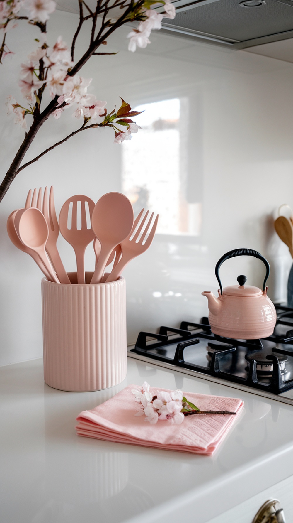 A kitchen with pink utensils, a kettle, and cherry blossom decor on a white countertop.