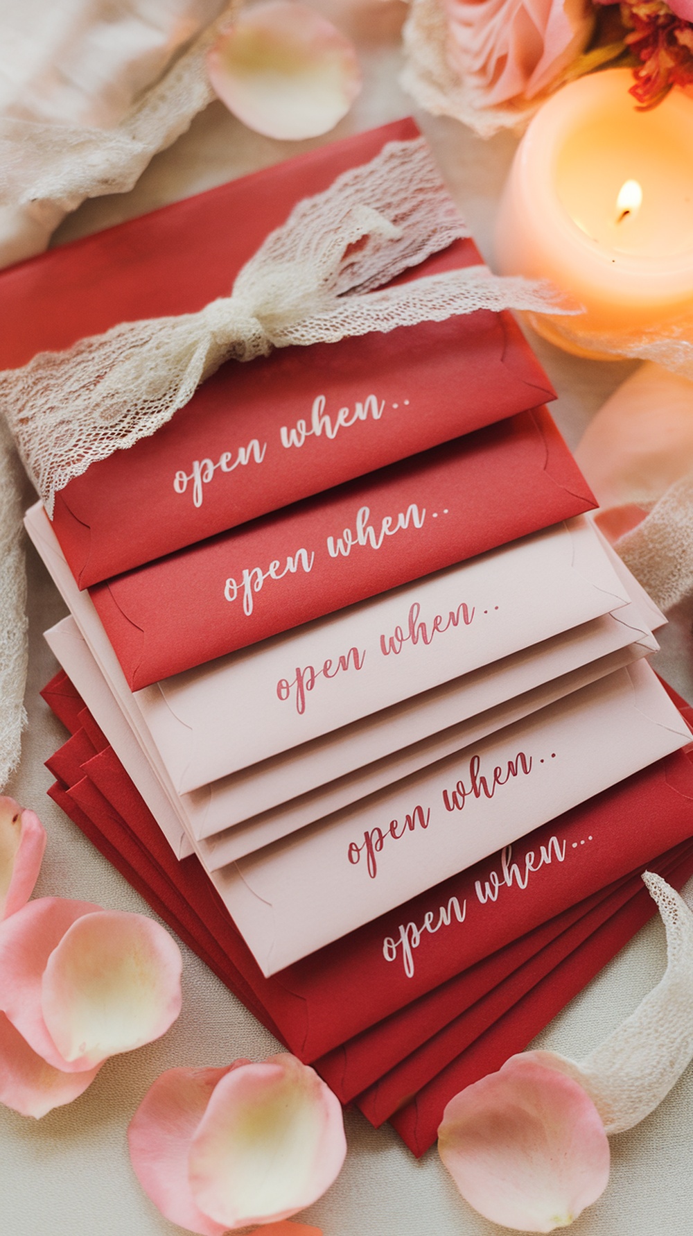 A collection of 'Open When' letters in red and pink envelopes, tied with lace, surrounded by rose petals and a candle.