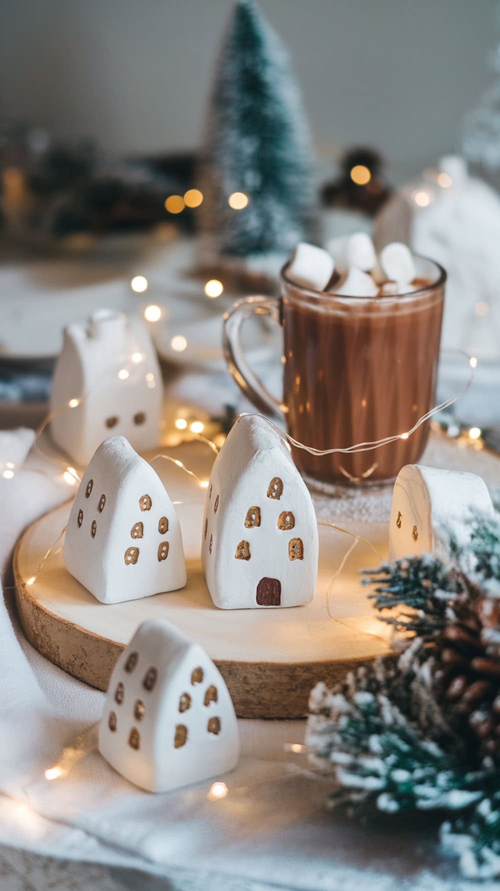A cozy scene featuring mini clay houses, a cup of hot chocolate with marshmallows, and festive decorations.
