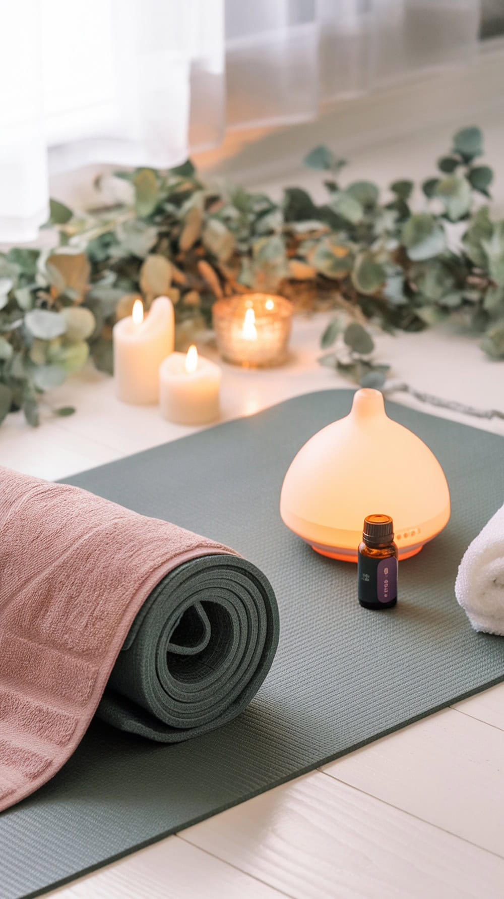 A cozy home yoga corner with a rolled yoga mat, soft towel, candles, and a diffuser.