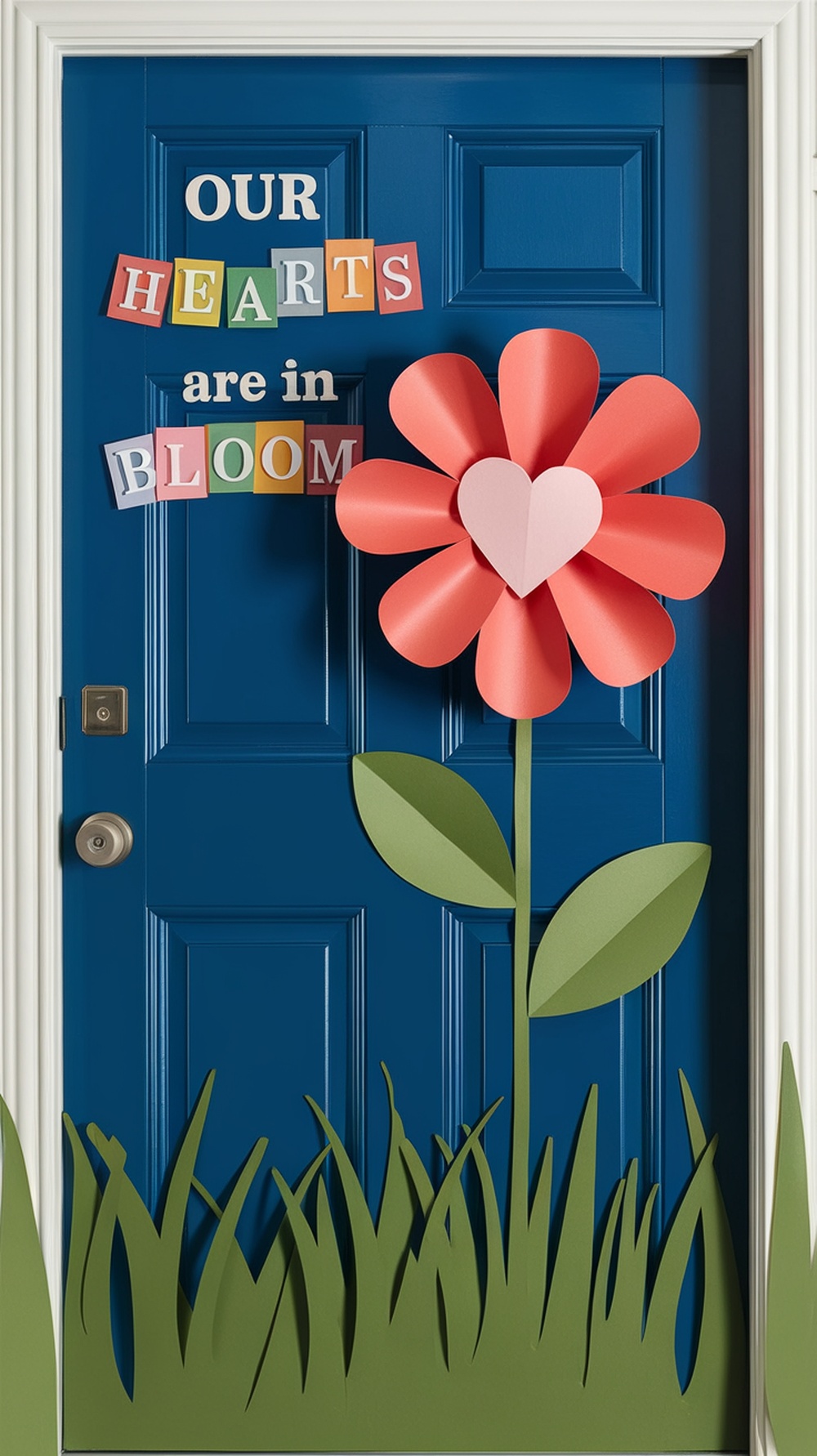 Classroom door decorated with layered paper hearts and the phrase 'Our Hearts Are In Bloom' on a blue background.