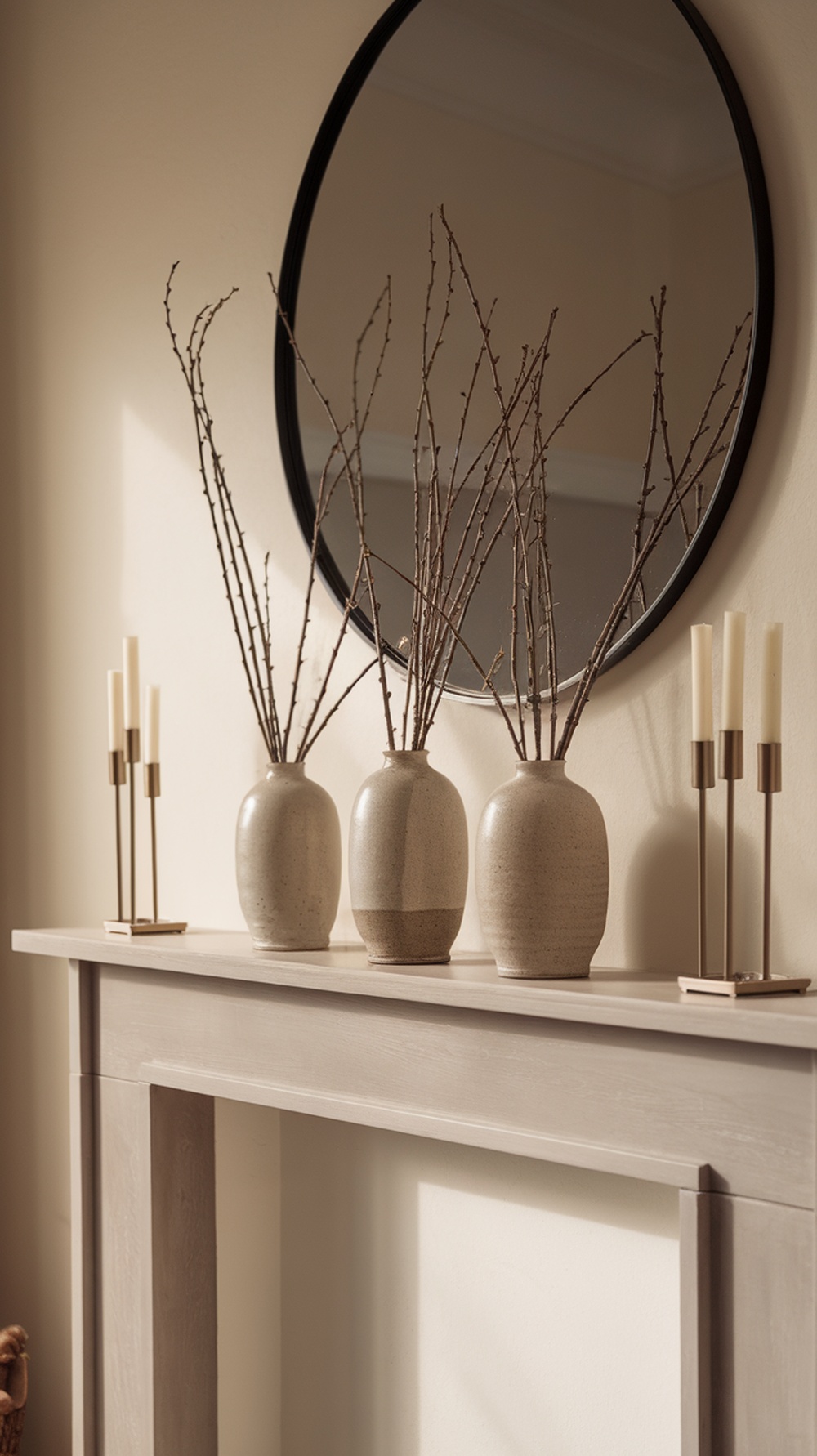 A modern mantel decorated with three vases containing branches, a round mirror above, and elegant candle holders.