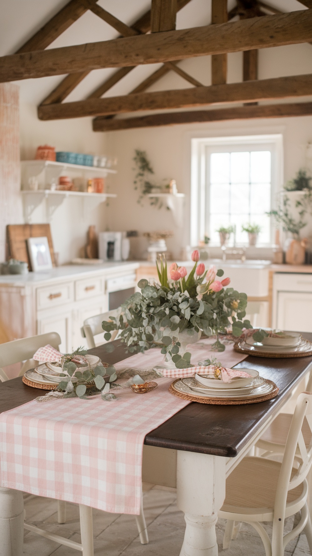 A spring-themed kitchen table setting with a pink gingham table runner, elegant plates, and a bouquet of pink tulips.