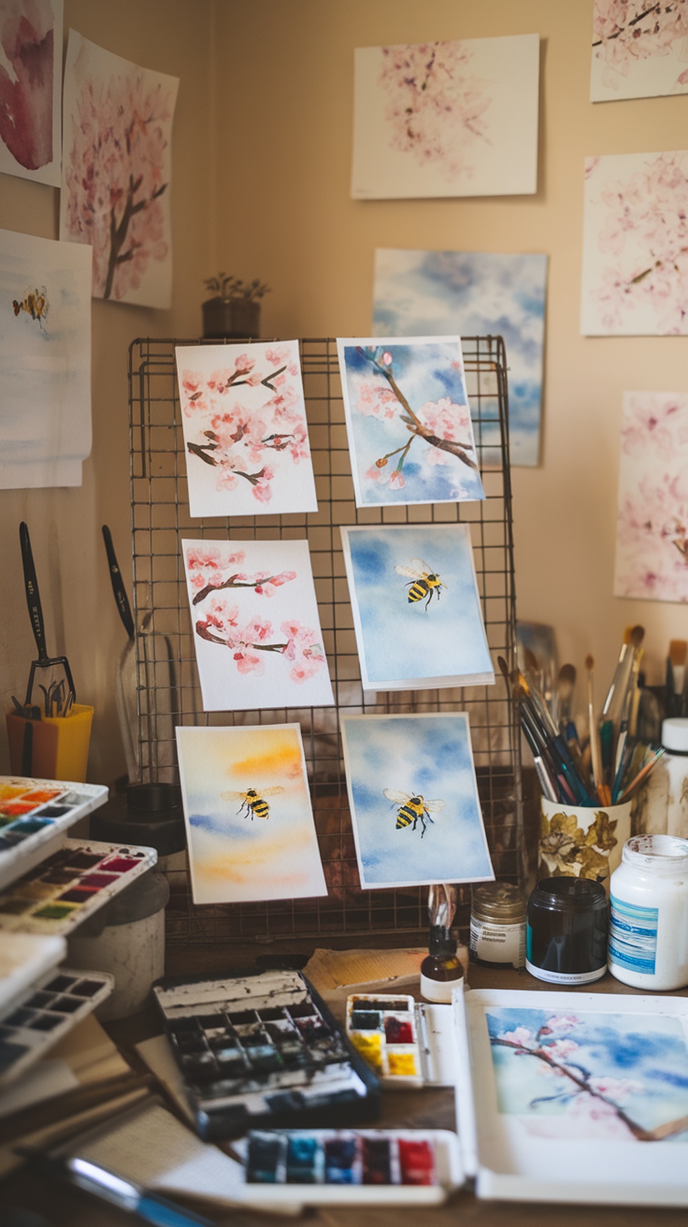 A cozy workspace with watercolor postcards featuring cherry blossoms and bees, surrounded by art supplies.