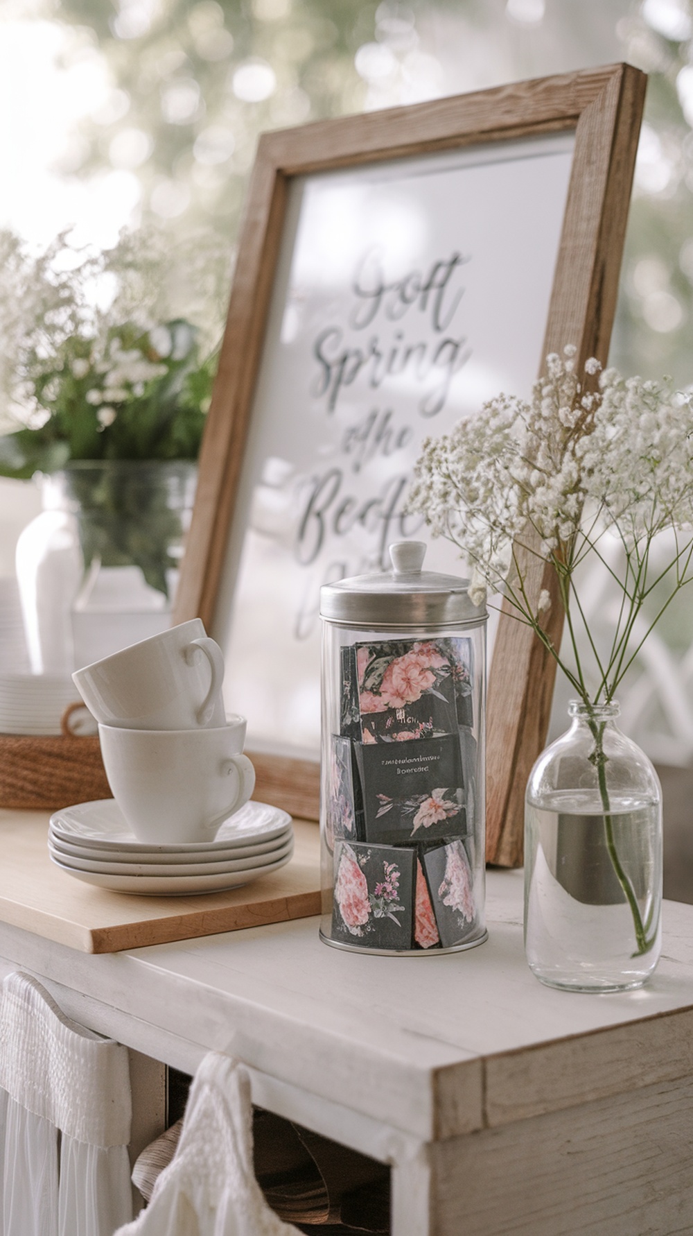 A cozy spring coffee station with white cups, floral coffee cards, and delicate flowers in a vase.