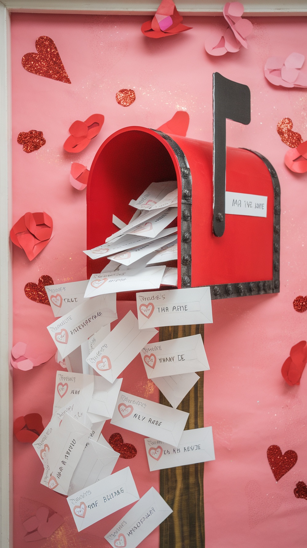 A red mailbox overflowing with Valentine notes, surrounded by pink hearts and decorations.