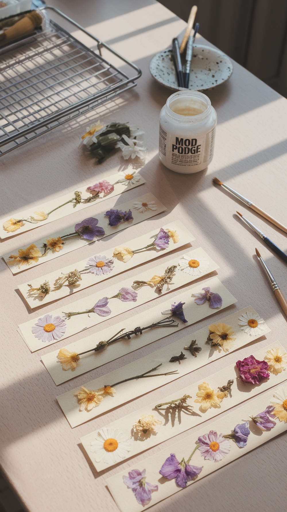 A table with pressed flower bookmarks, Mod Podge, and crafting tools.