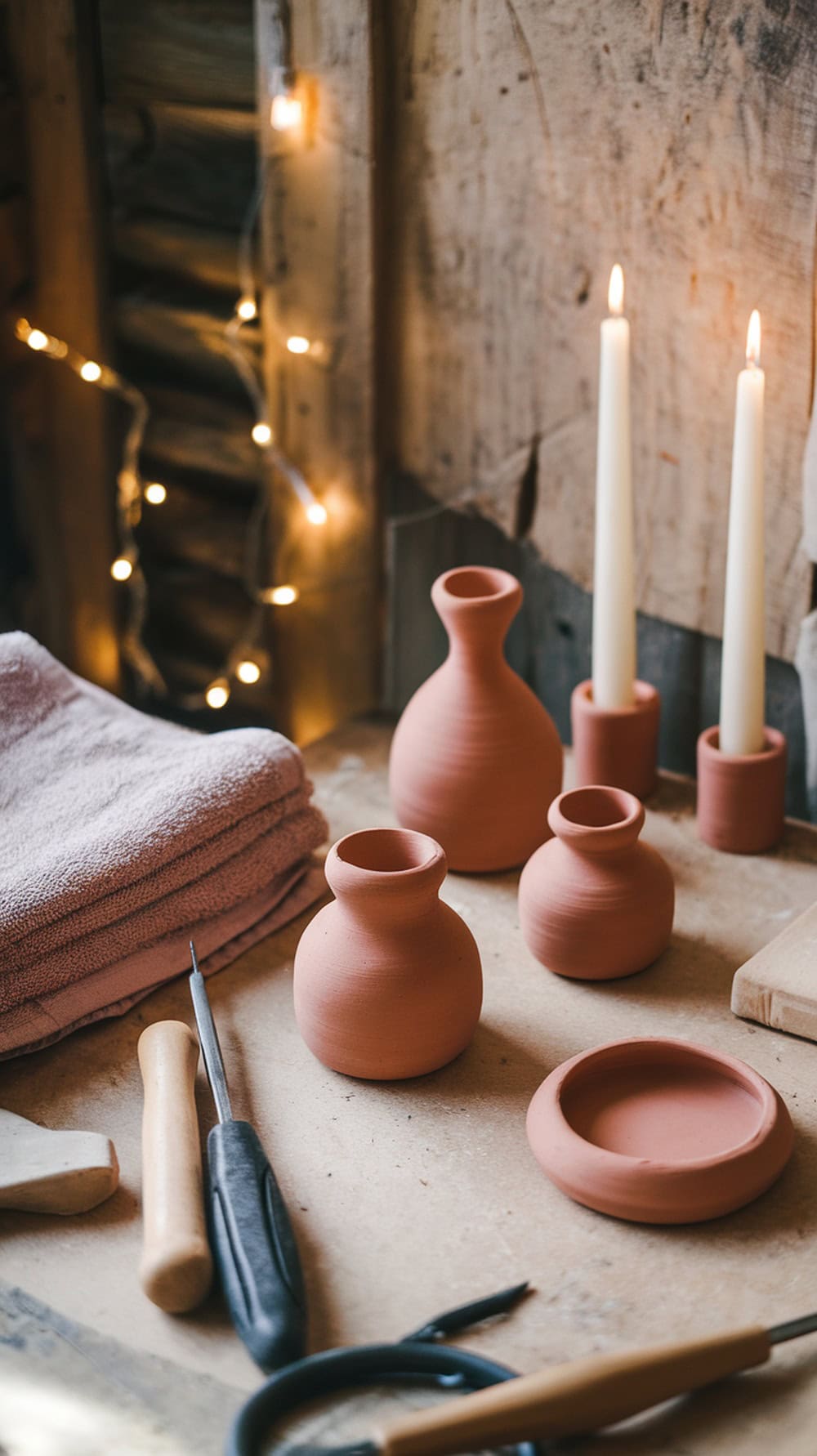 A cozy workspace with terracotta candle holders, tools, and soft lighting.