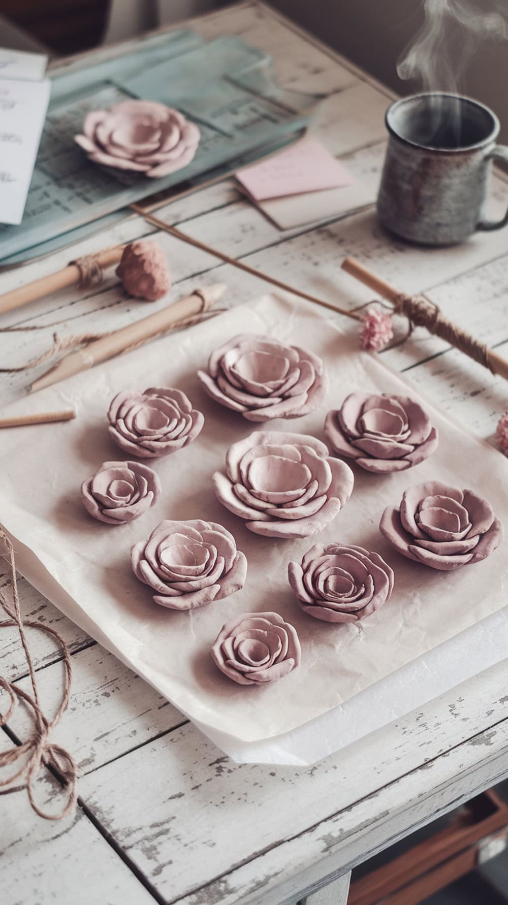 Clay flowers arranged on parchment paper with crafting tools in a cozy setting.
