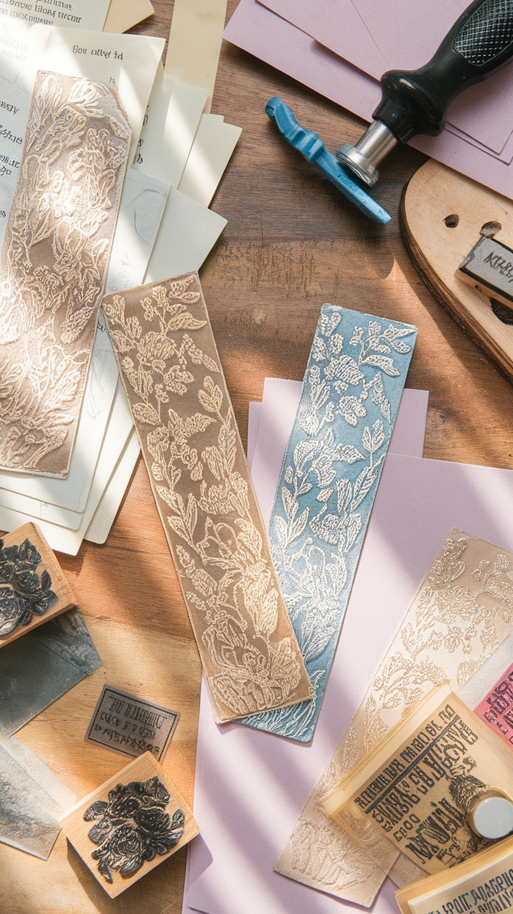 An assortment of embossed floral bookmarks in pastel colors on a wooden table, surrounded by crafting tools and materials.