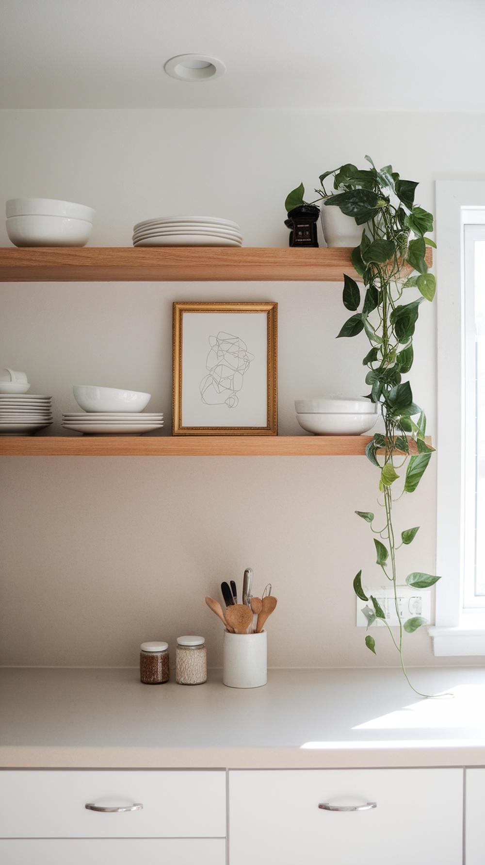 A modern kitchen shelf with white dishes, a framed art piece, and greenery.