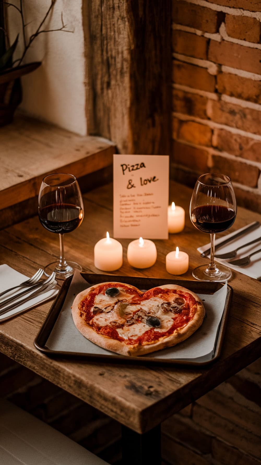 Heart-shaped pizza on a wooden table with candles and wine glasses