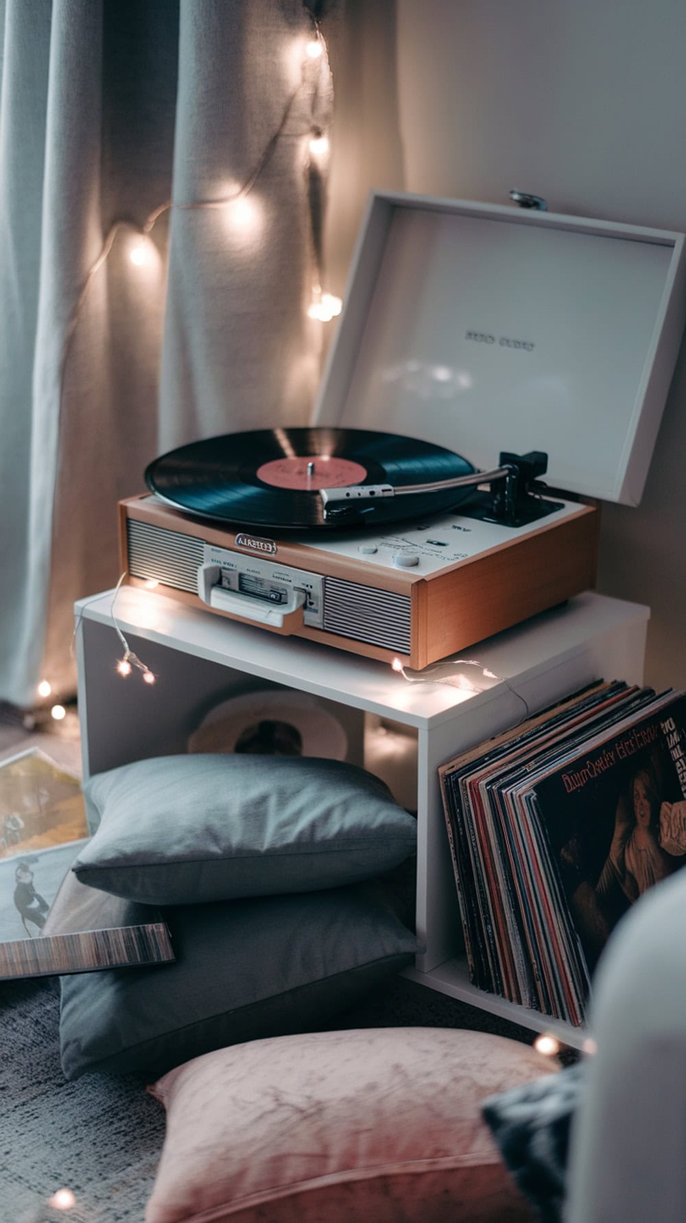 A cozy vinyl record listening setup featuring a turntable, records, and pillows with fairy lights.