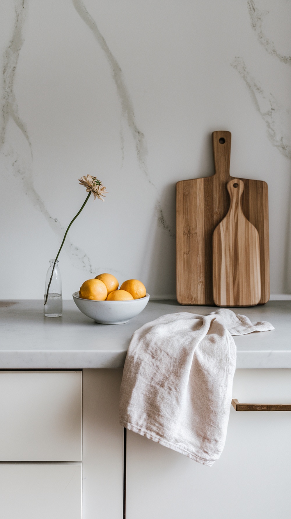 A spring kitchen decor featuring a bowl of lemons, a flower in a glass vase, and wooden cutting boards on a marble countertop.
