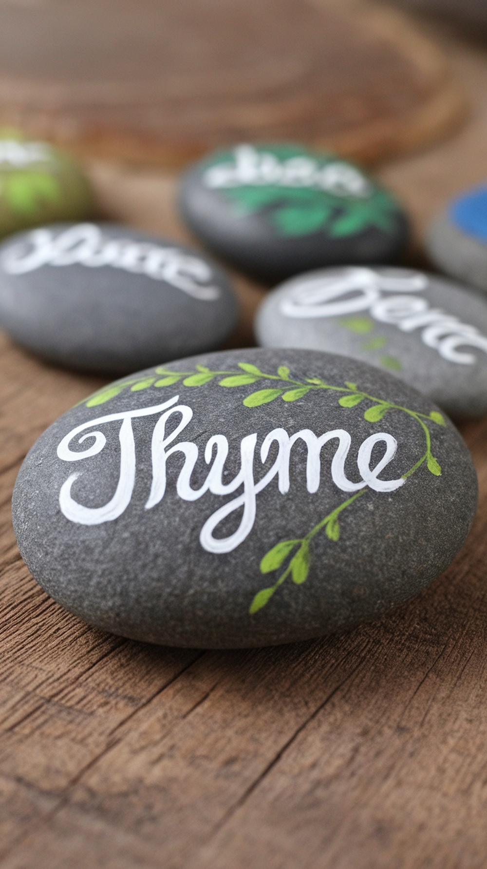 Painted stones with herb names like 'Thyme' on a wooden surface