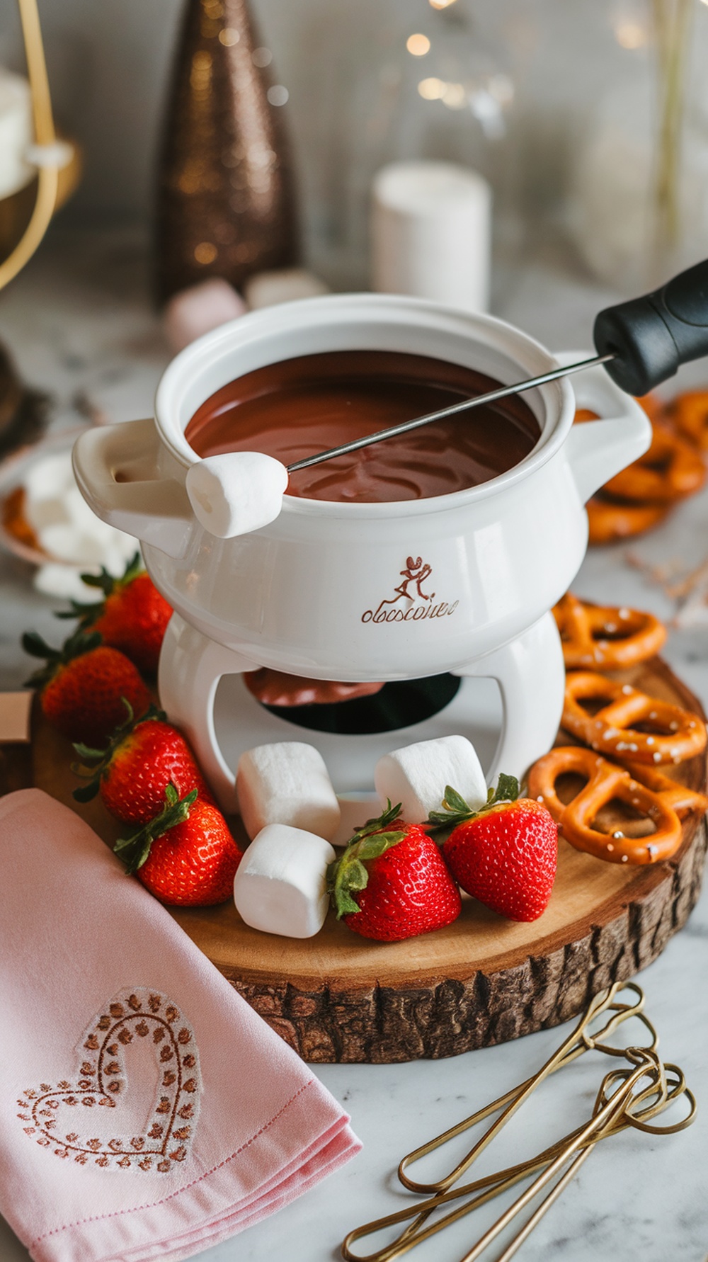 A chocolate fondue pot surrounded by strawberries, marshmallows, and pretzels, set on a wooden platter.