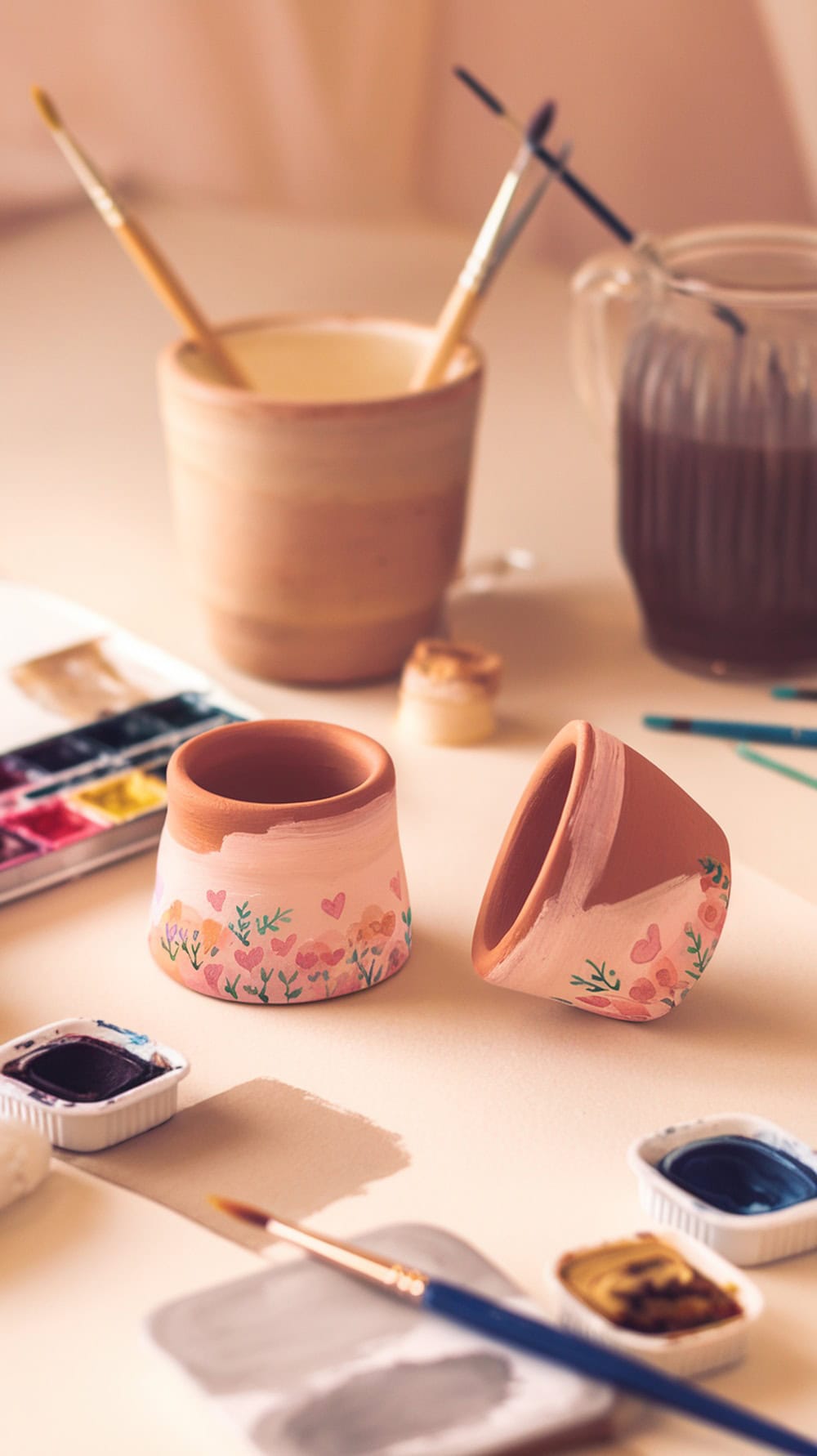 Two painted clay flower pots with brushes and paint supplies.