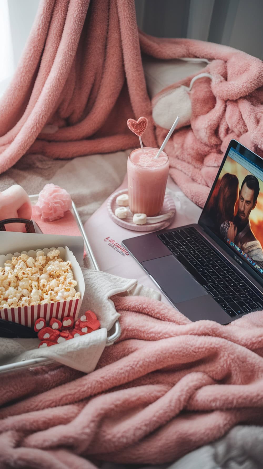 Cozy Valentine's Day movie night setup with popcorn, a pink drink, and a laptop showing a romantic movie.
