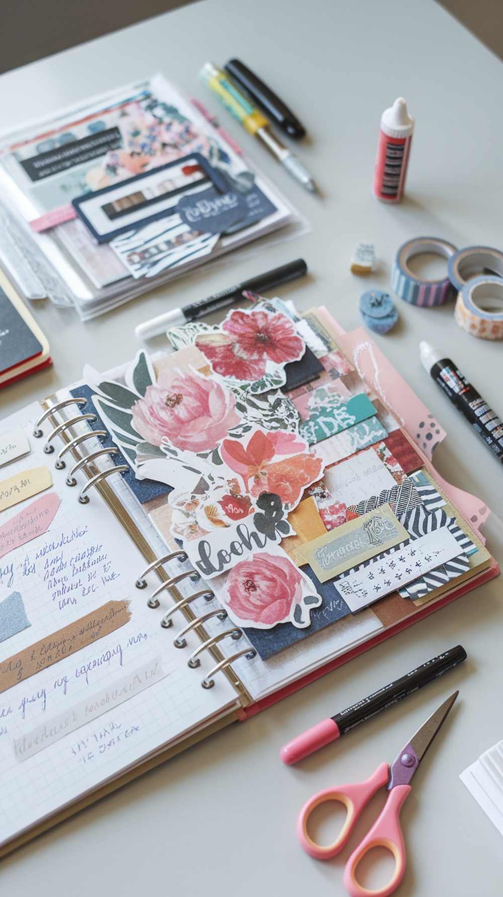 A colorful scrapbook layout in progress with floral stickers, patterned papers, and crafting tools.