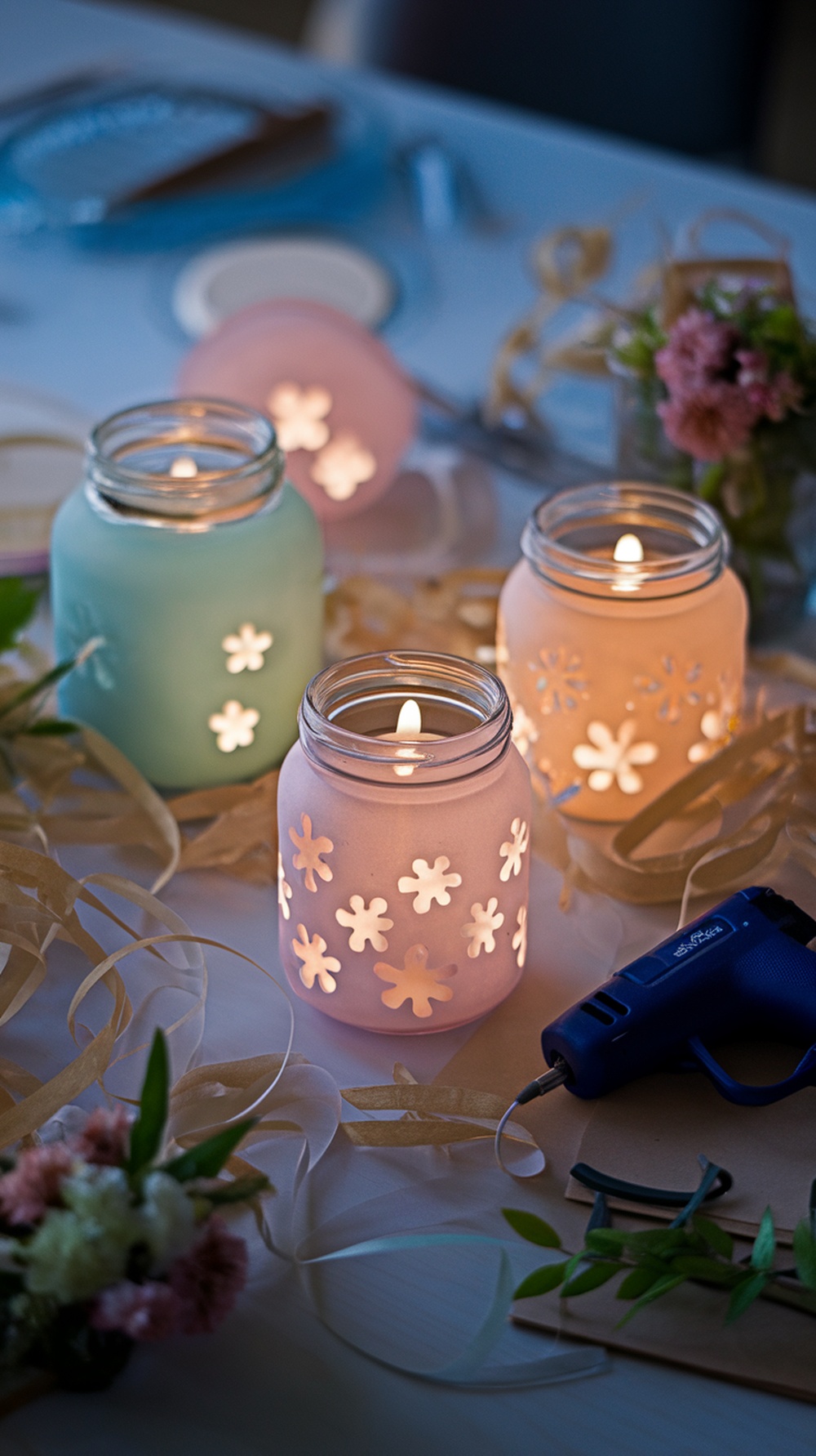 Colorful DIY spring jar lanterns with flower cutouts and candles inside.