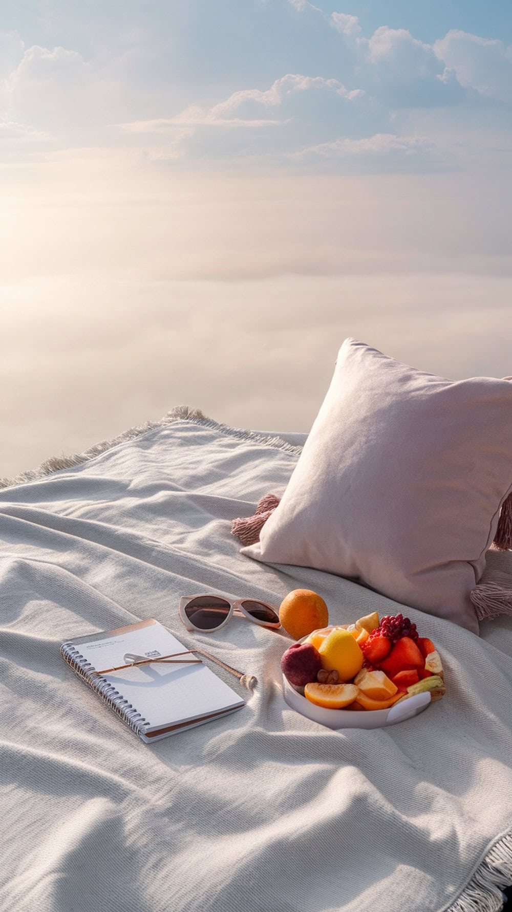 A picnic setup with a blanket, pillow, fruit plate, notebook, and sunglasses, perfect for cloud watching.