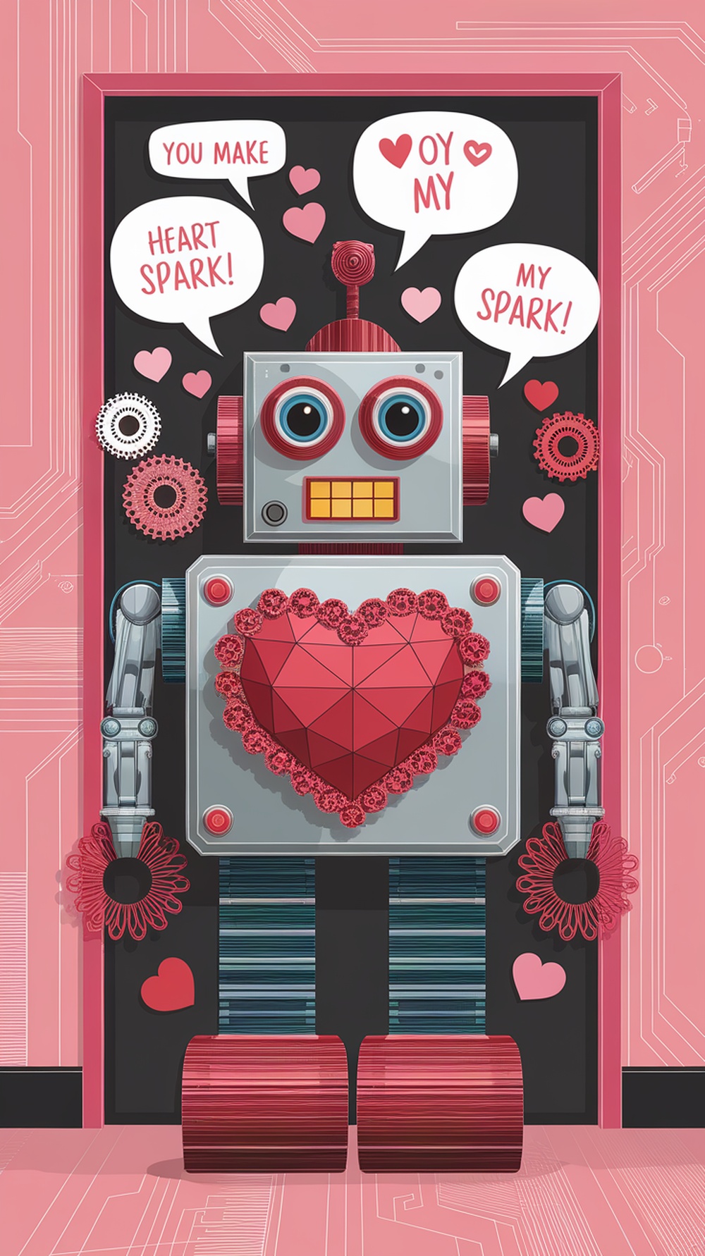 A colorful robot with a heart on its chest and speech bubbles saying 'You make my heart spark!' on a classroom door.