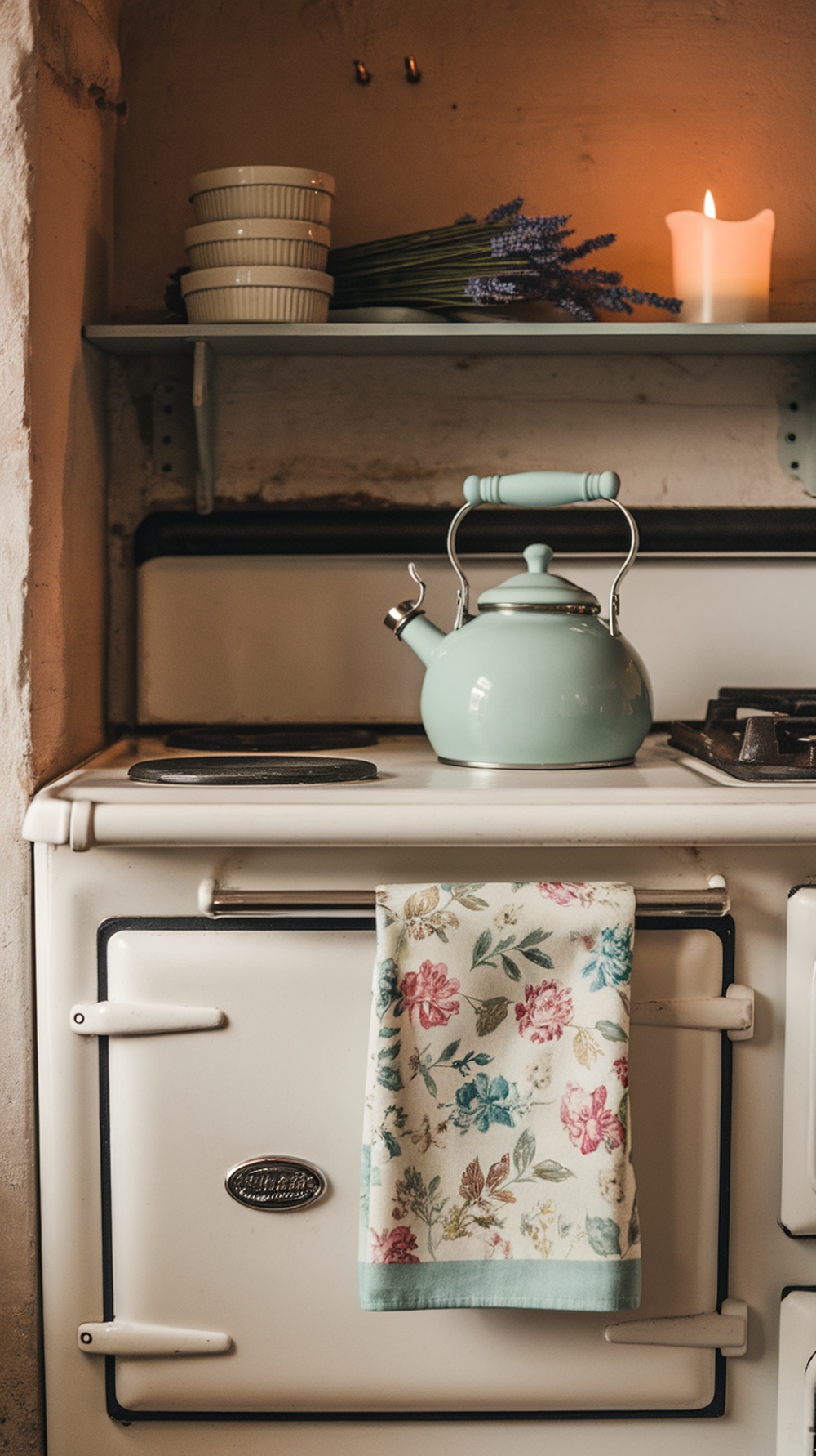 A mint green kettle on a white stove with a floral dish towel, stacked bowls, and a candle.
